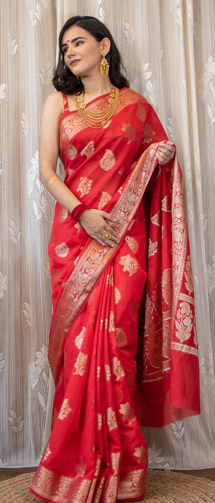 Banarasi Semi Silk Saree With Buti Weaving-Red