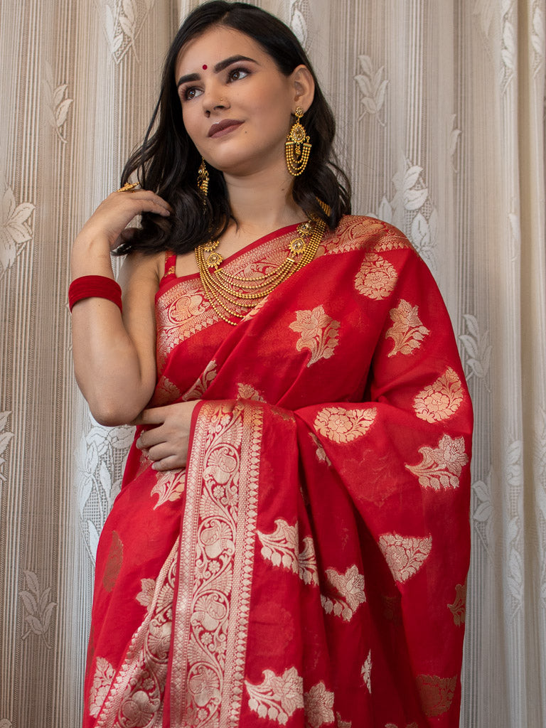 Banarasi Semi Silk Saree With Buti Weaving-Red