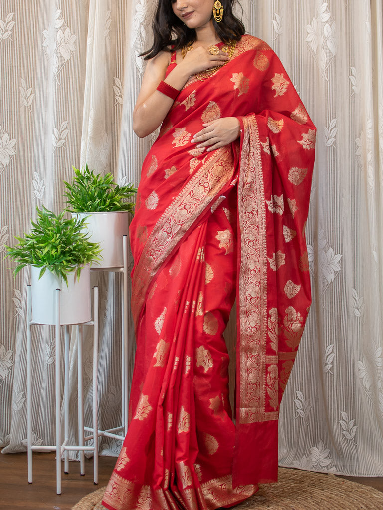 Banarasi Semi Silk Saree With Buti Weaving-Red