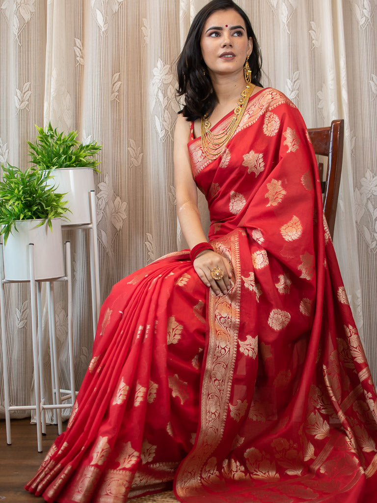 Banarasi Semi Silk Saree With Buti Weaving-Red