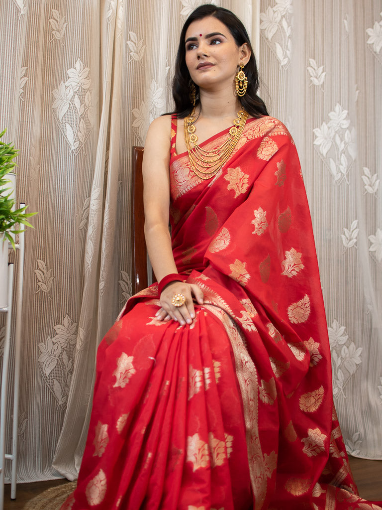 Banarasi Semi Silk Saree With Buti Weaving-Red