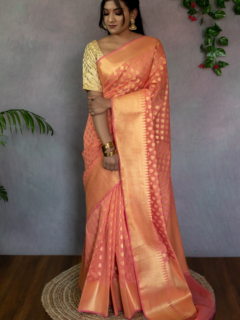 Banarasi Cotton Silk Saree With Small Buti Weaving-Orange