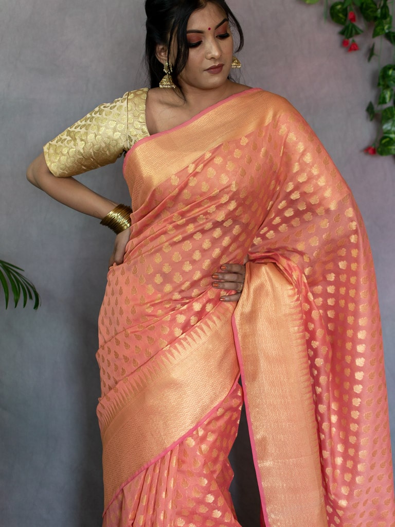 Banarasi Cotton Silk Saree With Small Buti Weaving-Orange