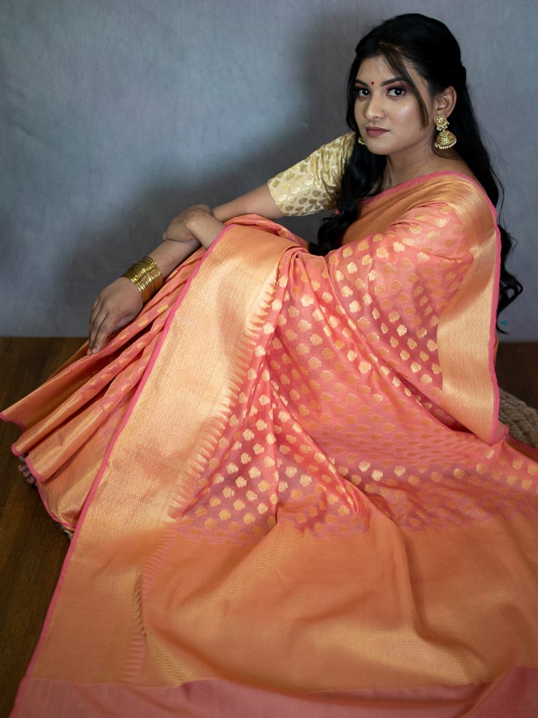 Banarasi Cotton Silk Saree With Small Buti Weaving-Orange