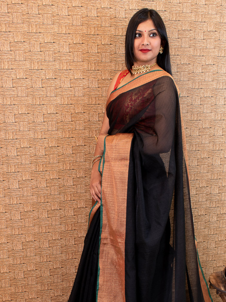 Banarasi Cotton Silk Saree Plain Body With Antique Zari Border -Black