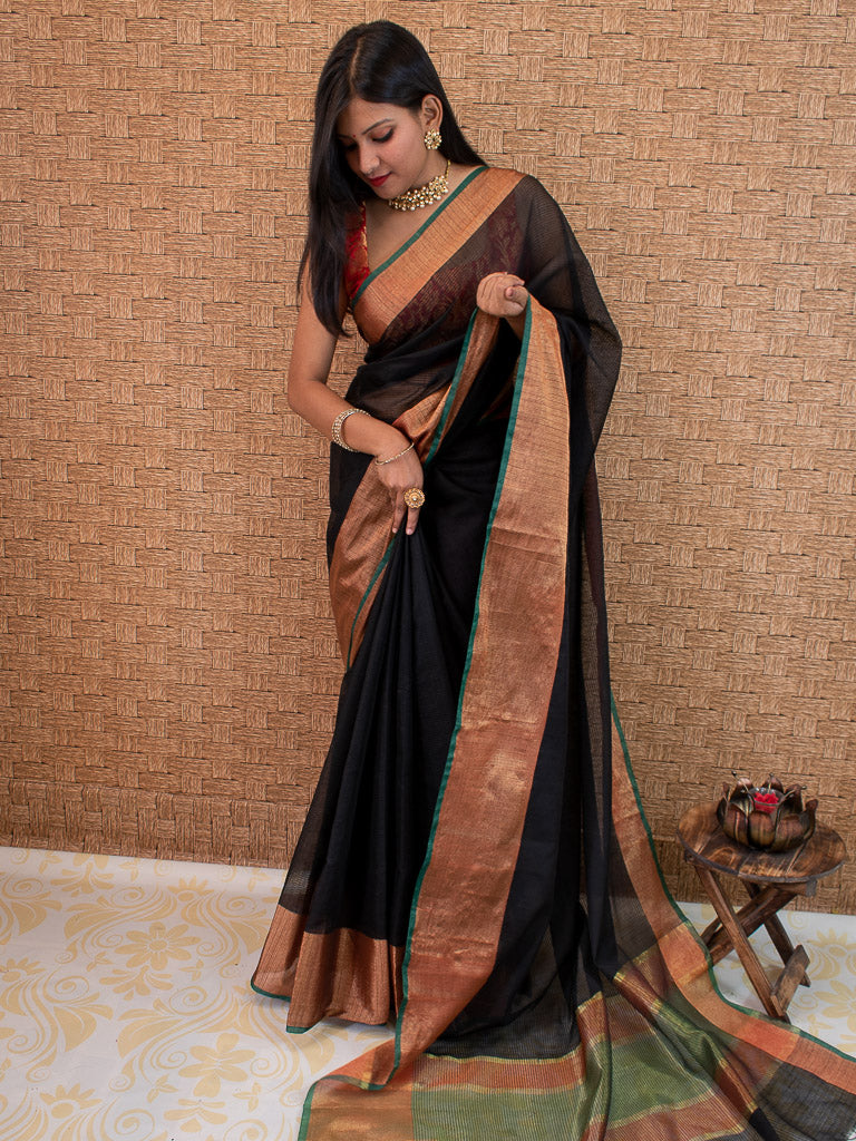 Banarasi Cotton Silk Saree Plain Body With Antique Zari Border -Black