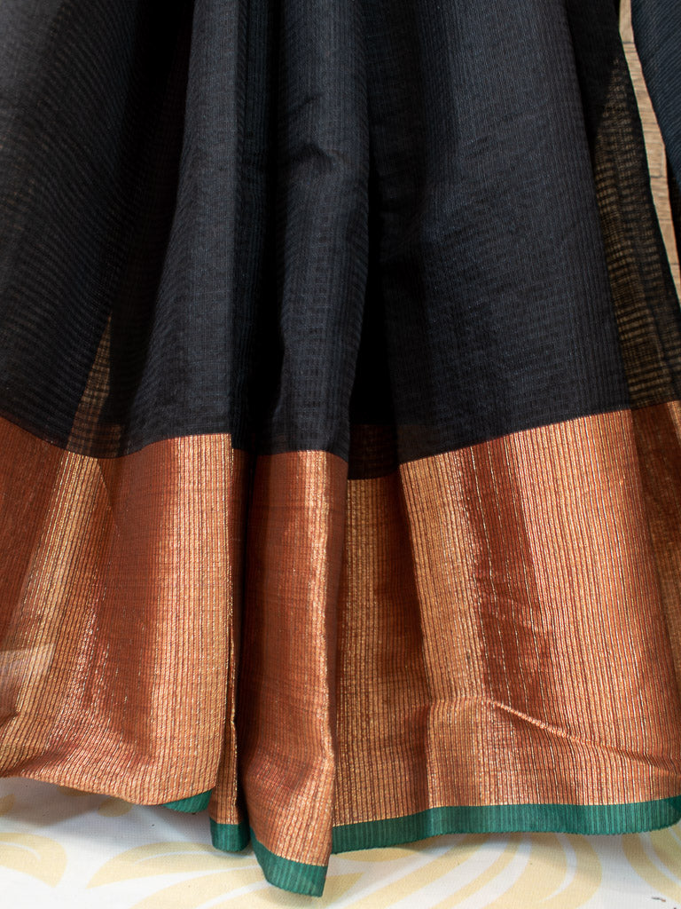 Banarasi Cotton Silk Saree Plain Body With Antique Zari Border -Black