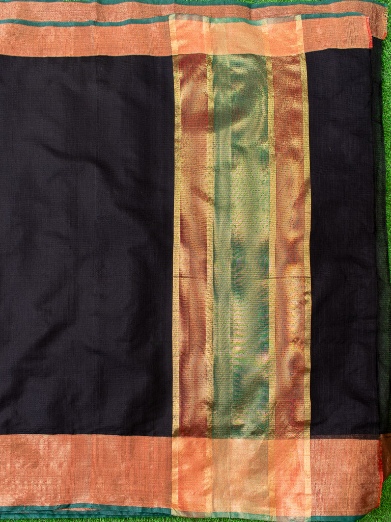 Banarasi Cotton Silk Saree Plain Body With Antique Zari Border -Black