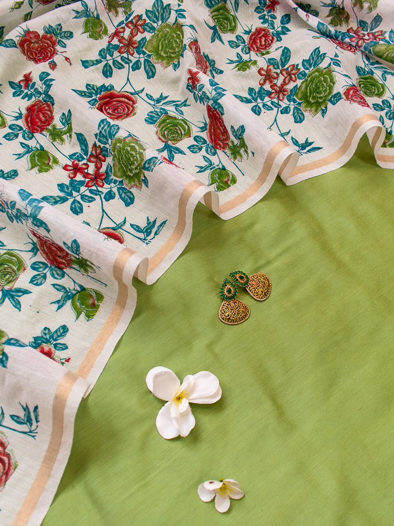 Banarasi Plain Cotton Salwar Kameez With Floral Printed Dupatta-Green