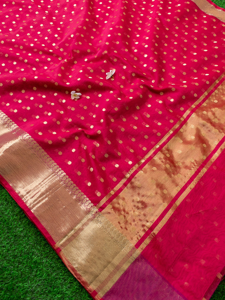 Banarasi Chanderi Cotton Zari Polka Dots Weaving - Red