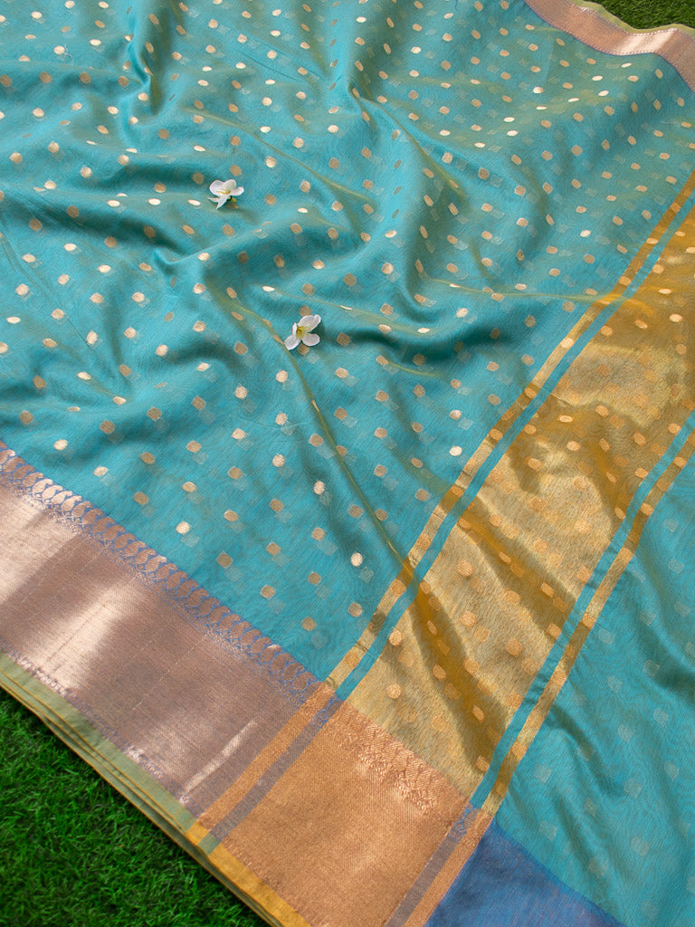 Banarasi Chanderi Cotton Zari Polka Dots Weaving - SKy Blue