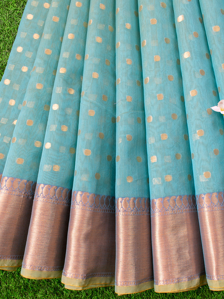 Banarasi Chanderi Cotton Zari Polka Dots Weaving - SKy Blue