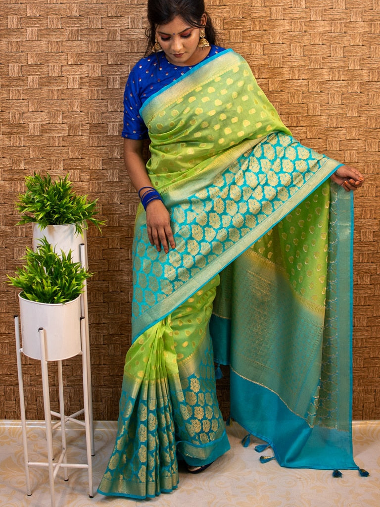 Banarasi Glossy Semi Silk Saree With Zari Weaving & Contrast Skirt Border-Green & Blue