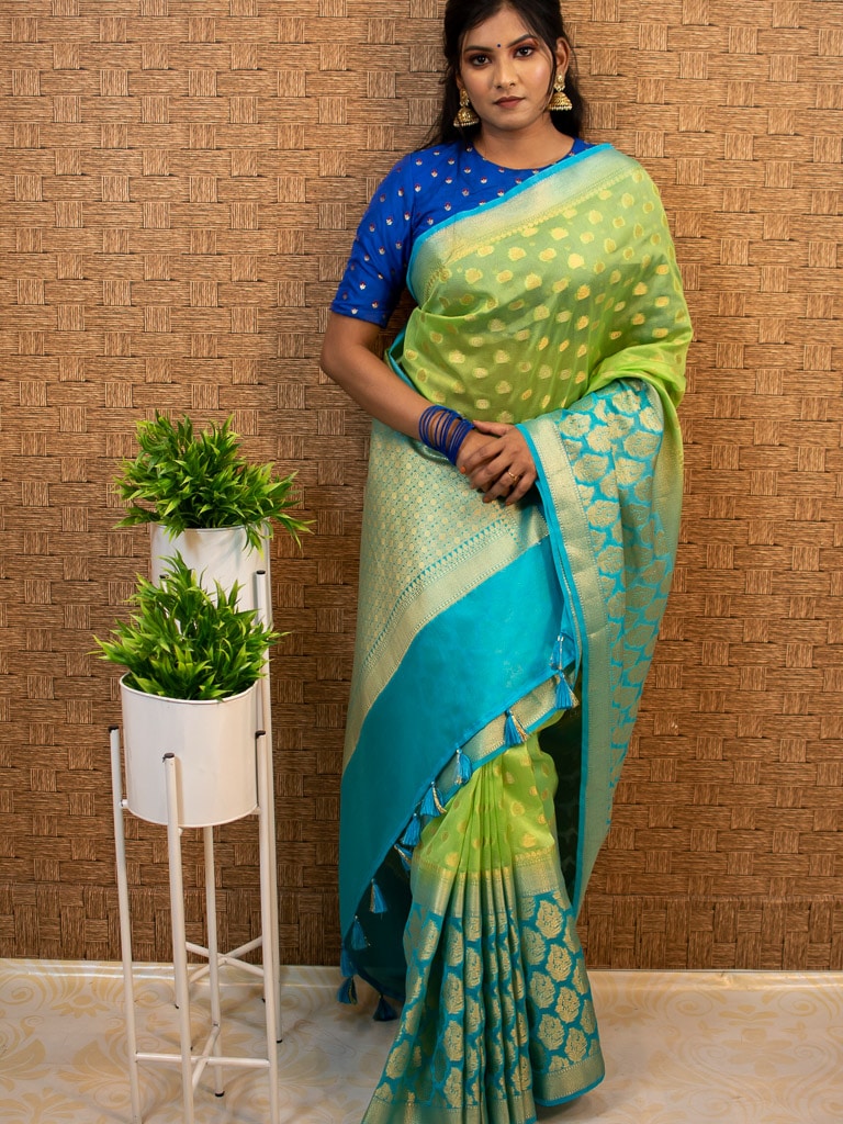 Banarasi Glossy Semi Silk Saree With Zari Weaving & Contrast Skirt Border-Green & Blue