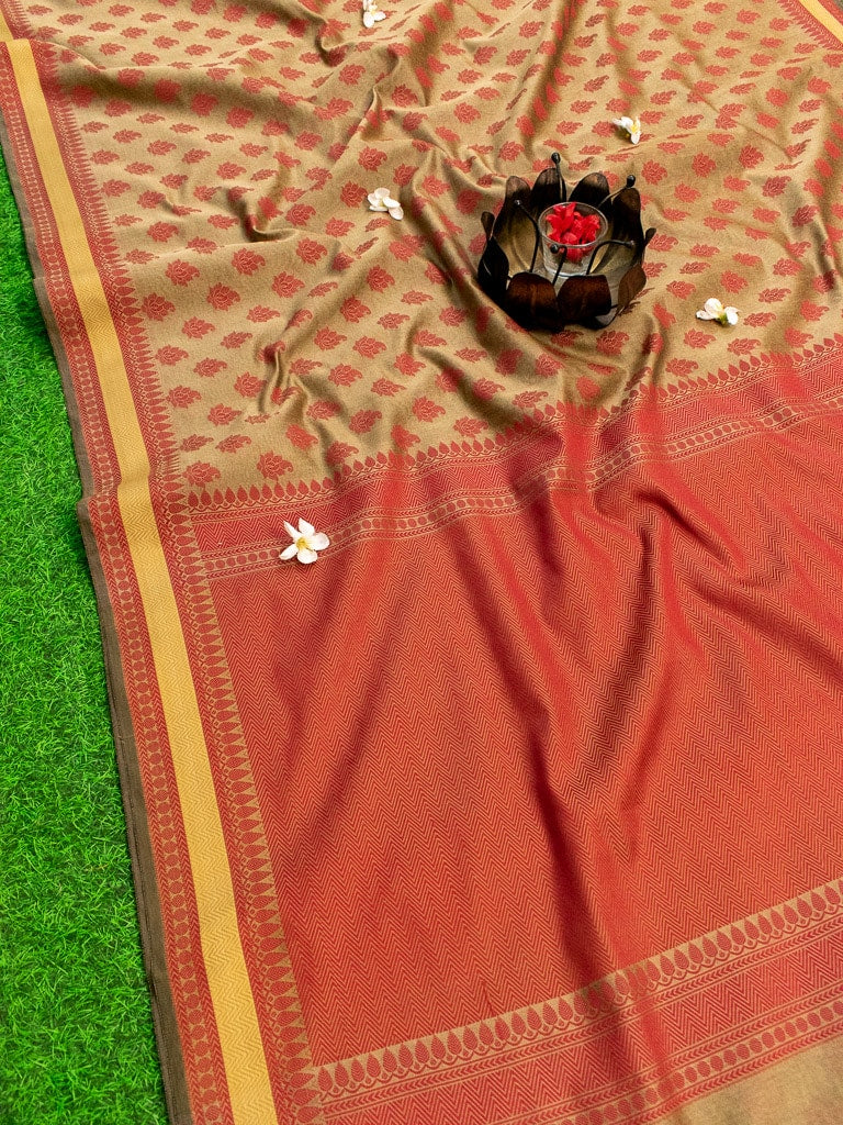 Banarasi Cotton Silk Saree With Resham Buti Weaving Border-Light Brown