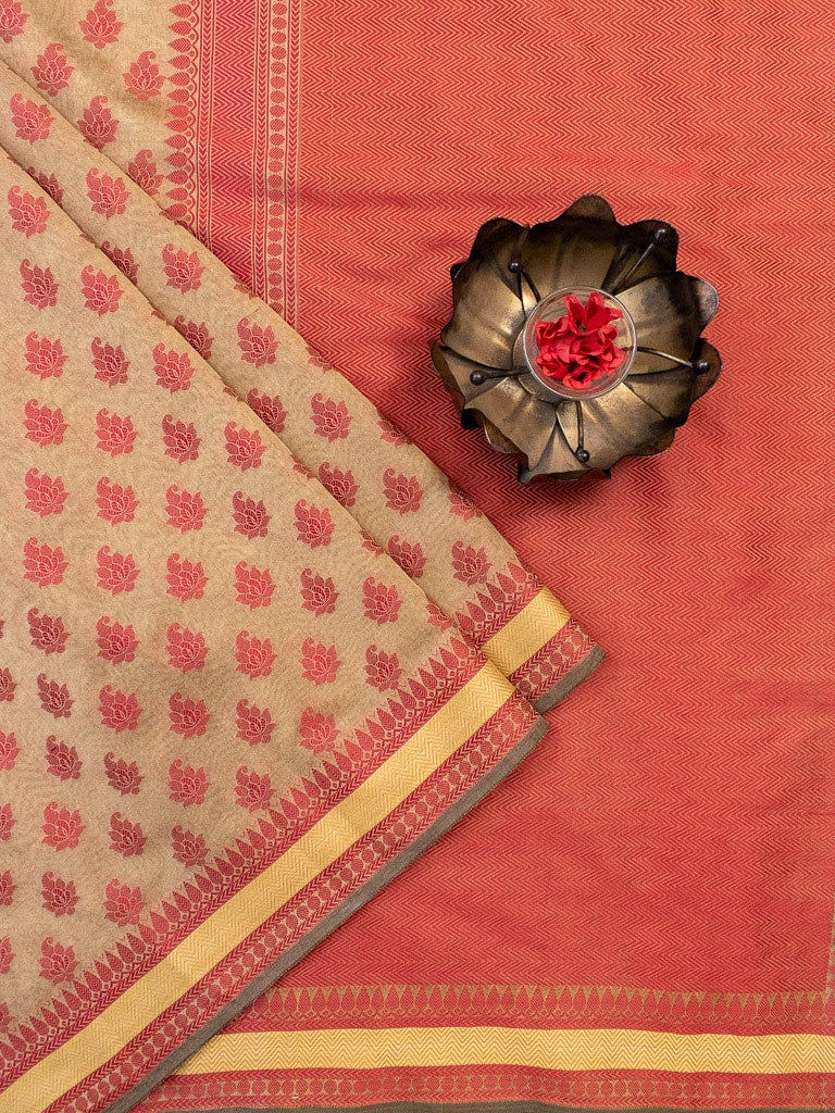 Banarasi Cotton Silk Saree With Resham Buti Weaving Border-Light Brown
