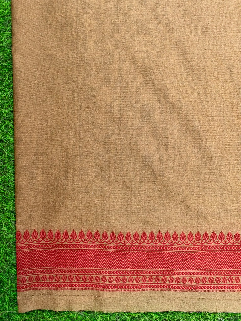 Banarasi Cotton Silk Saree With Resham Buti Weaving Border-Light Brown