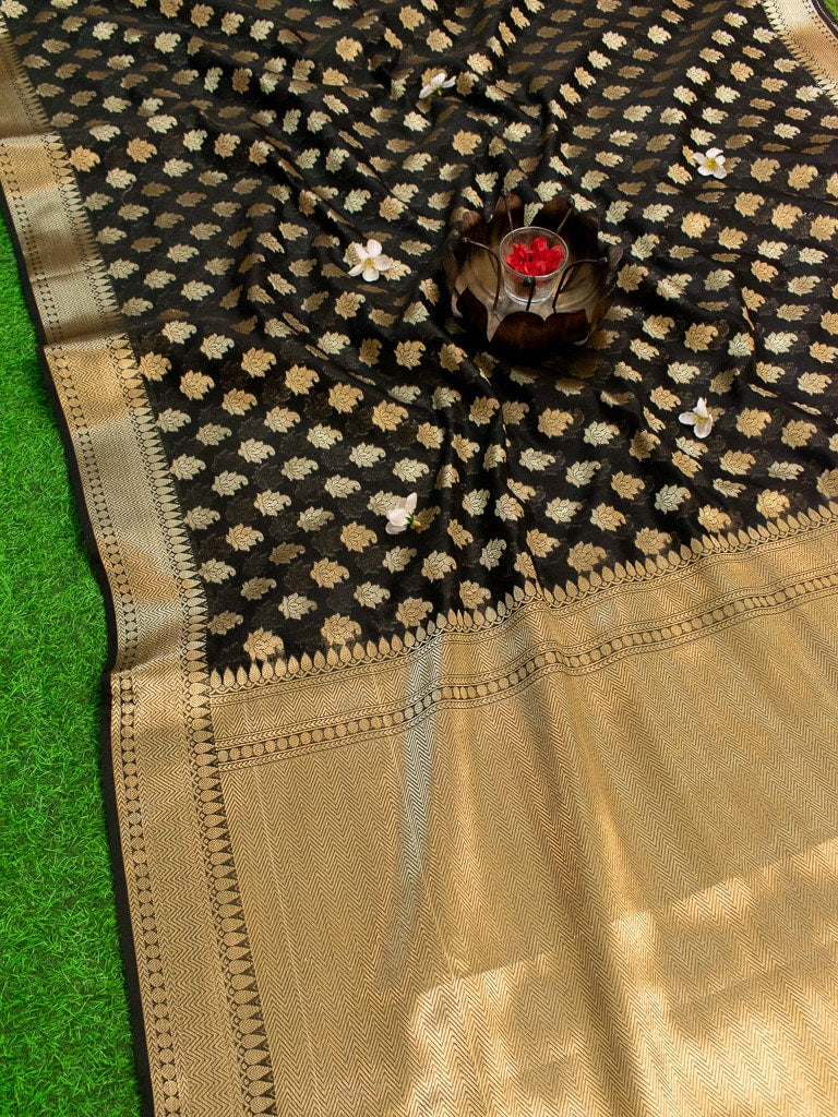 Banarasi Semi Silk Saree With Zari Buti Weaving-Black