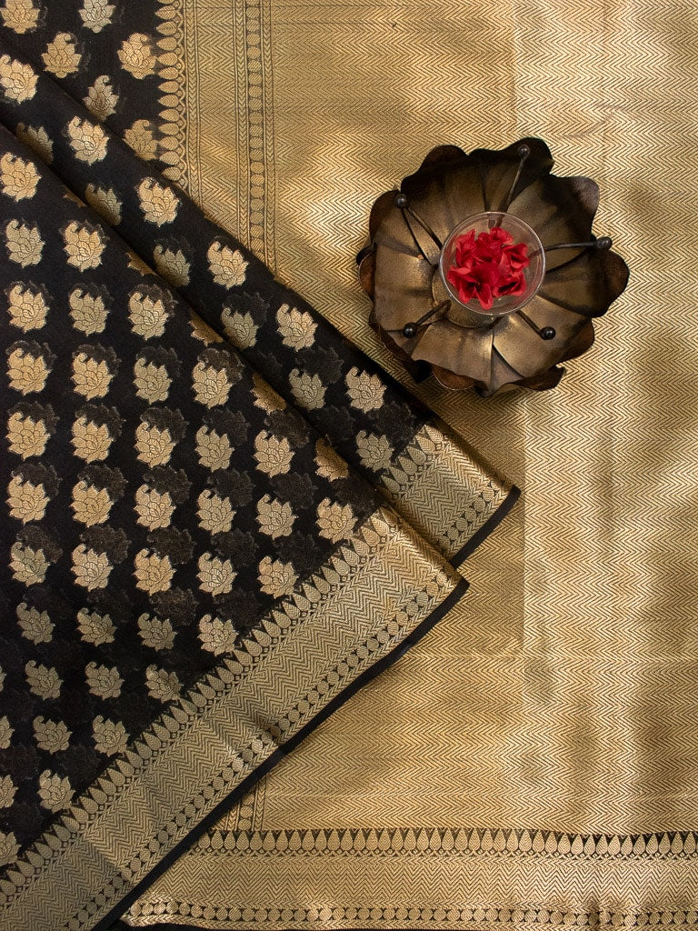 Banarasi Semi Silk Saree With Zari Buti Weaving-Black