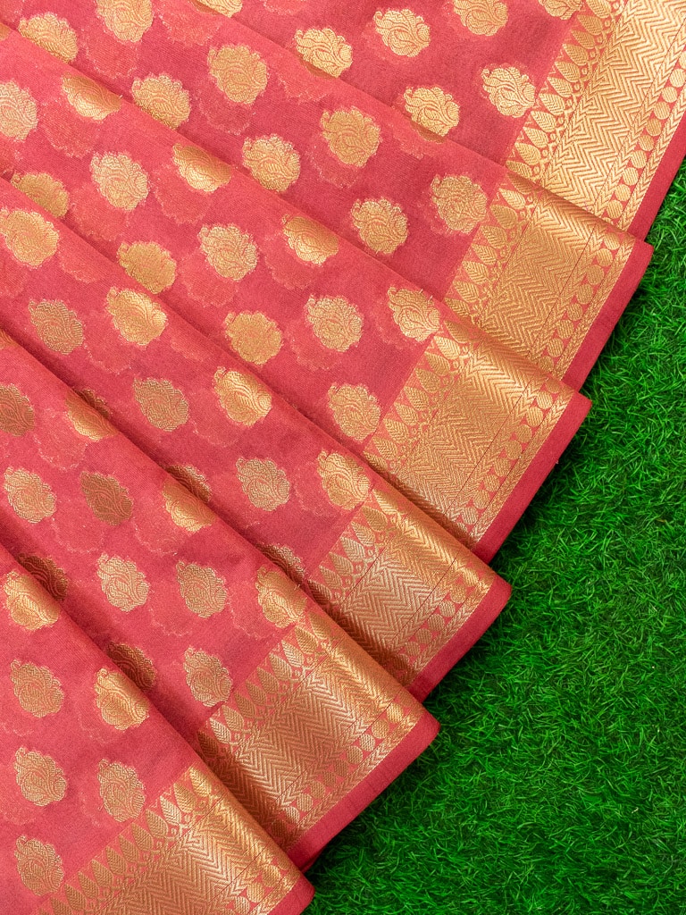 Banarasi Semi Silk Saree With Zari Buti Weaving-Peach