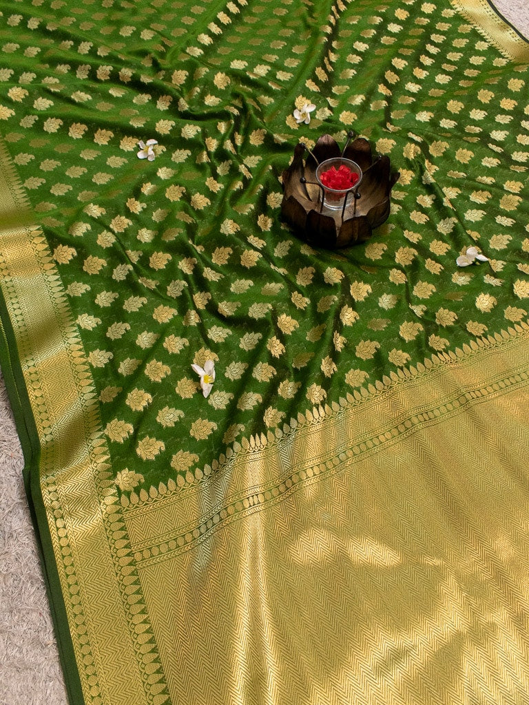 Banarasi Semi Silk Saree With Zari Buti Weaving-Green