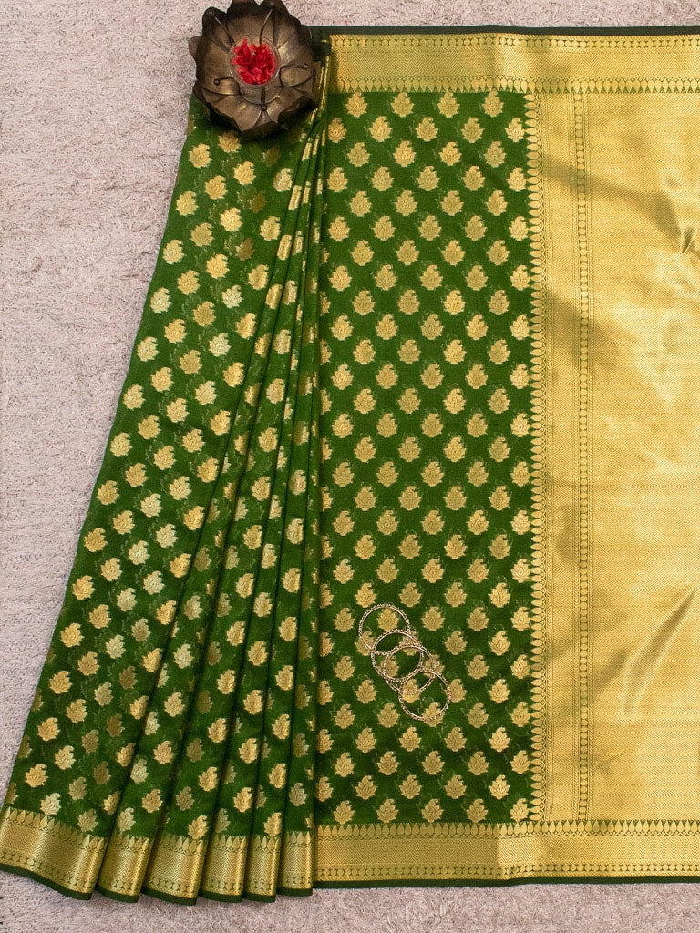 Banarasi Semi Silk Saree With Zari Buti Weaving-Green