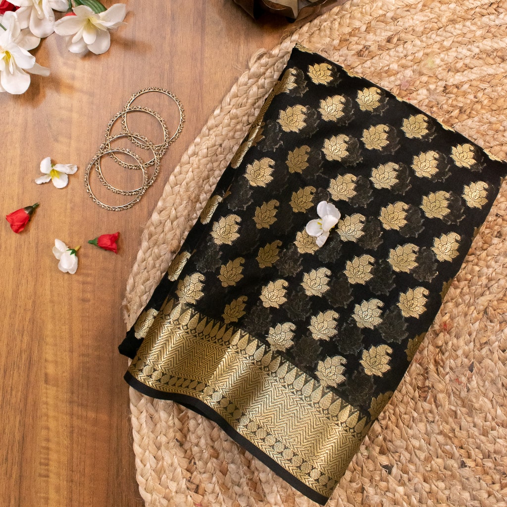 Banarasi Semi Silk Saree With Zari Buti Weaving-Black