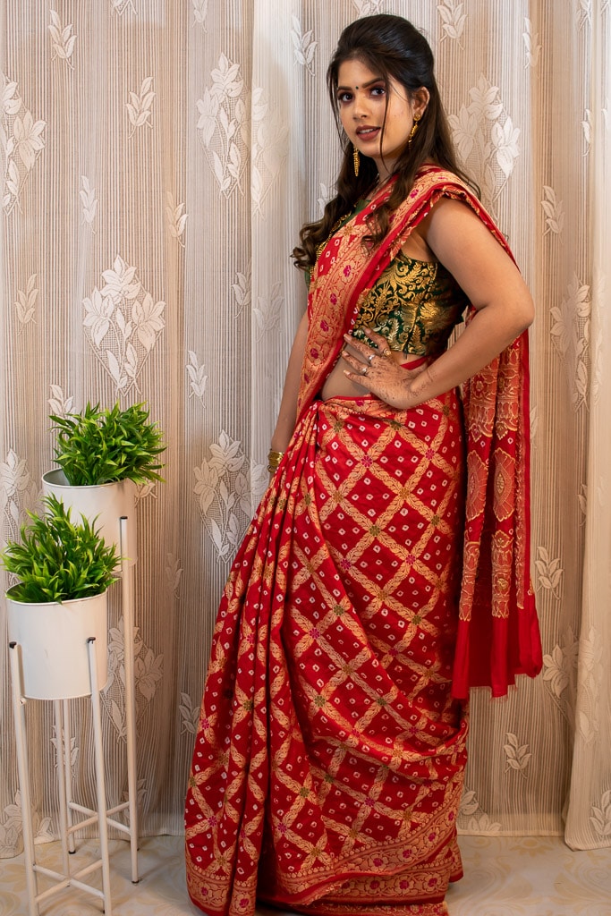Banarasi Semi Silk Bandhini Saree With Zari & Meena Weaving-Red
