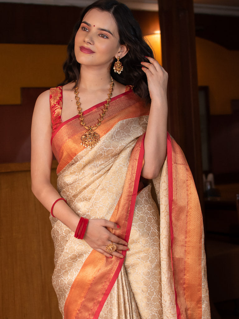 Banarasi Kora Muslin Saree With Tanchoi Weaving & Contrast Border-Beige