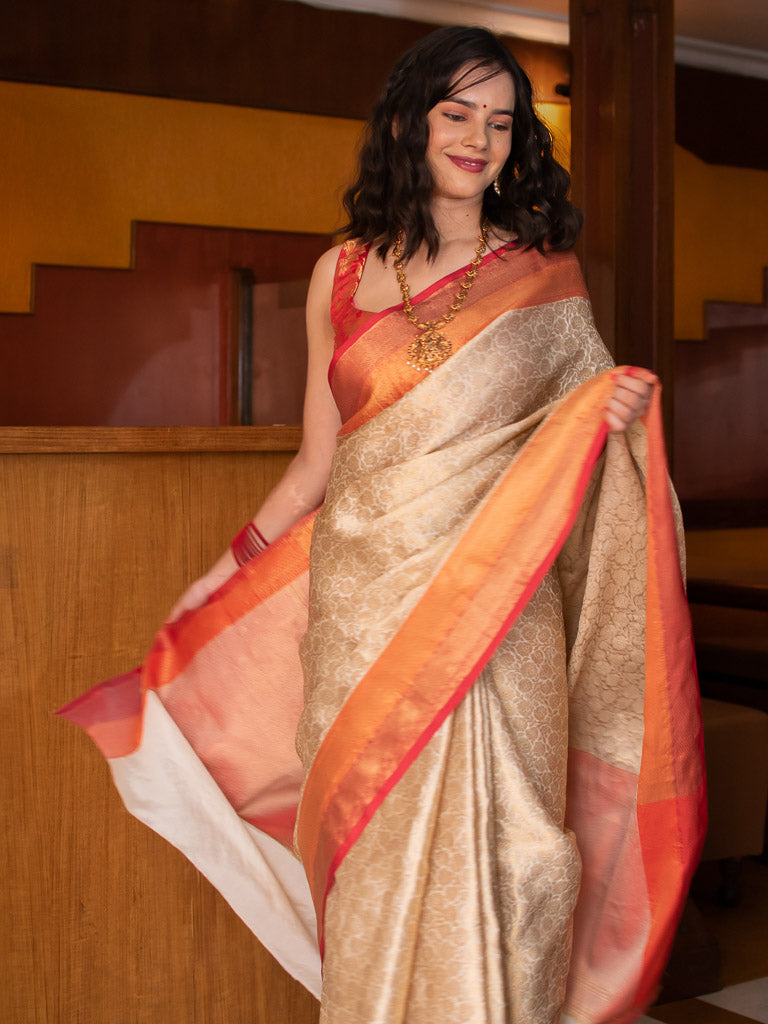 Banarasi Kora Muslin Saree With Tanchoi Weaving & Contrast Border-Beige