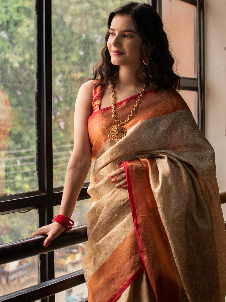 Banarasi Kora Muslin Saree With Tanchoi Weaving & Contrast Border-Beige