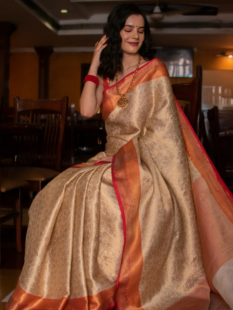 Banarasi Kora Muslin Saree With Tanchoi Weaving & Contrast Border-Beige