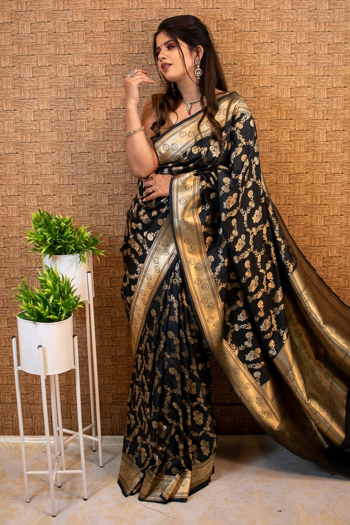 Banarasi Art Katan Silk Saree With Zari Jaal Weaving-Black