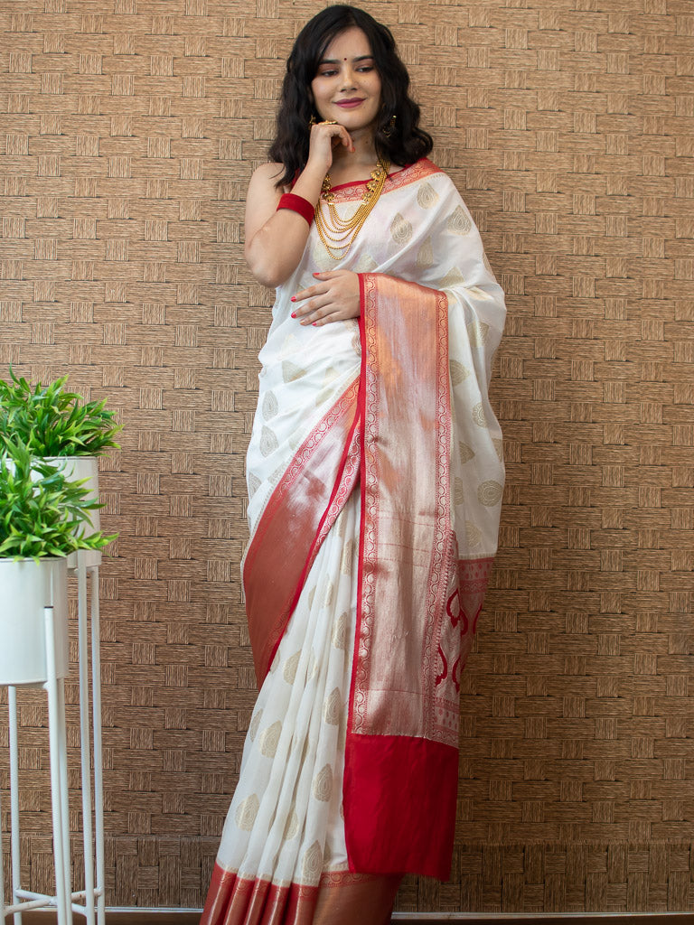 Banarasi Semi Silk Saree With Zari Buta Weaving-White & Red