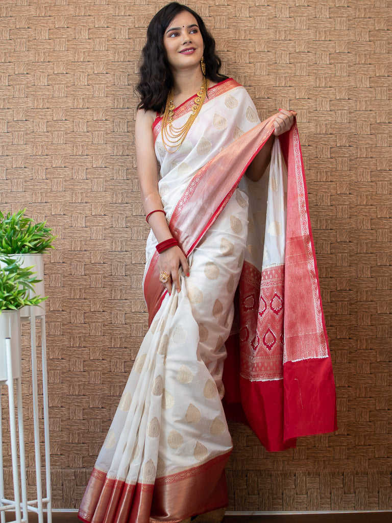 Banarasi Semi Silk Saree With Zari Buta Weaving-White & Red