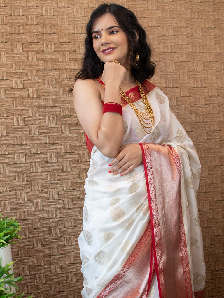 Banarasi Semi Silk Saree With Zari Buta Weaving-White & Red