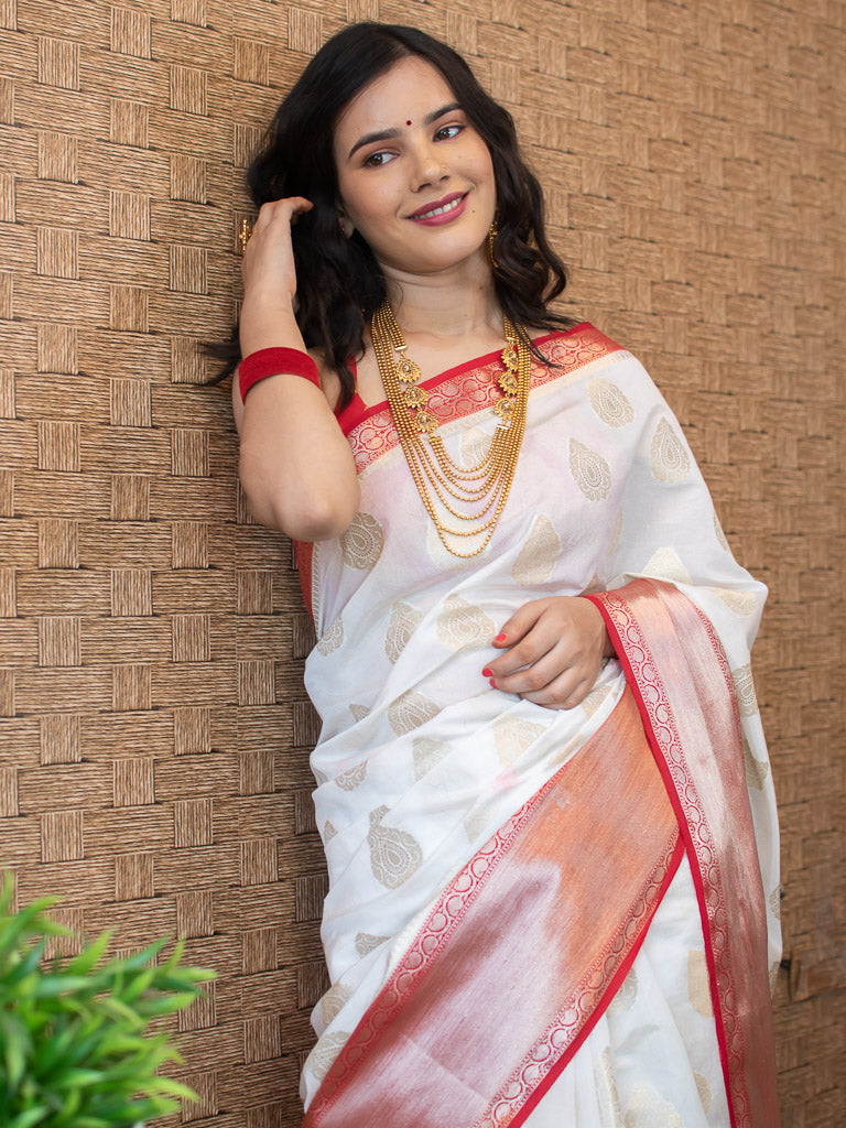 Banarasi Semi Silk Saree With Zari Buta Weaving-White & Red