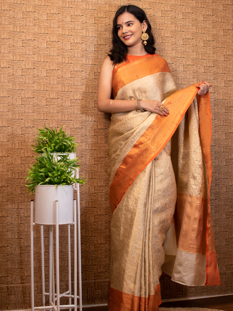 Banarasi Kora Muslin Saree With Tanchoi Weaving & Contrast Border-Beige