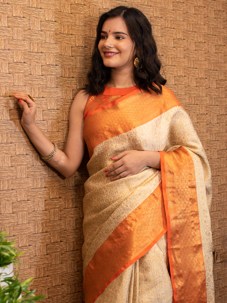 Banarasi Kora Muslin Saree With Tanchoi Weaving & Contrast Border-Beige