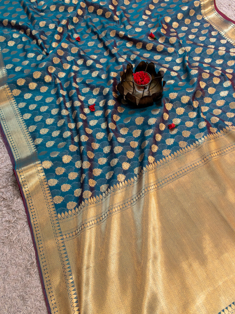 Banarasi Semi Silk Saree With Zari Buti Weaving-Metallic Blue
