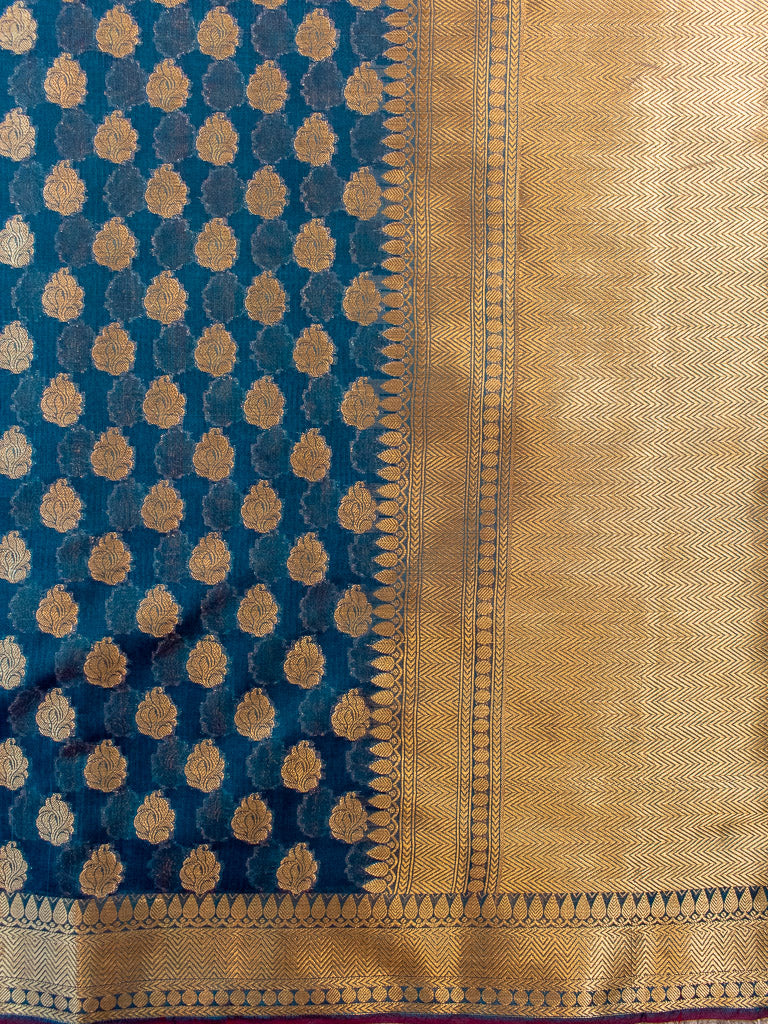 Banarasi Semi Silk Saree With Zari Buti Weaving-Metallic Blue