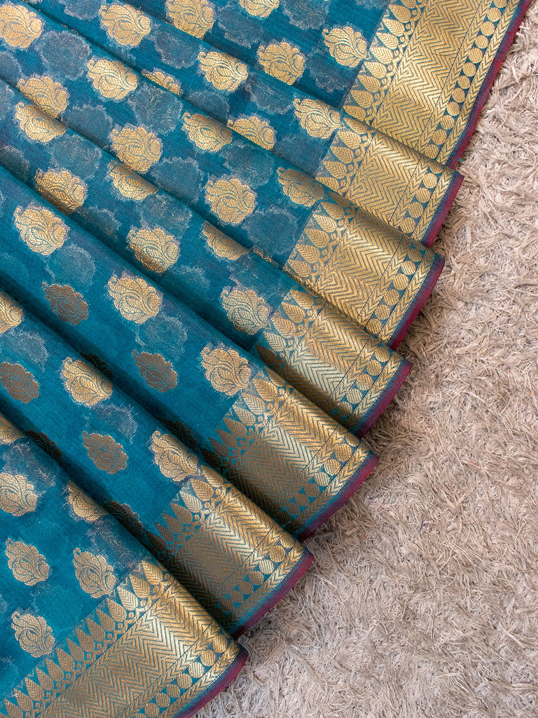 Banarasi Semi Silk Saree With Zari Buti Weaving-Metallic Blue
