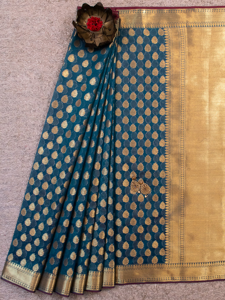 Banarasi Semi Silk Saree With Zari Buti Weaving-Metallic Blue