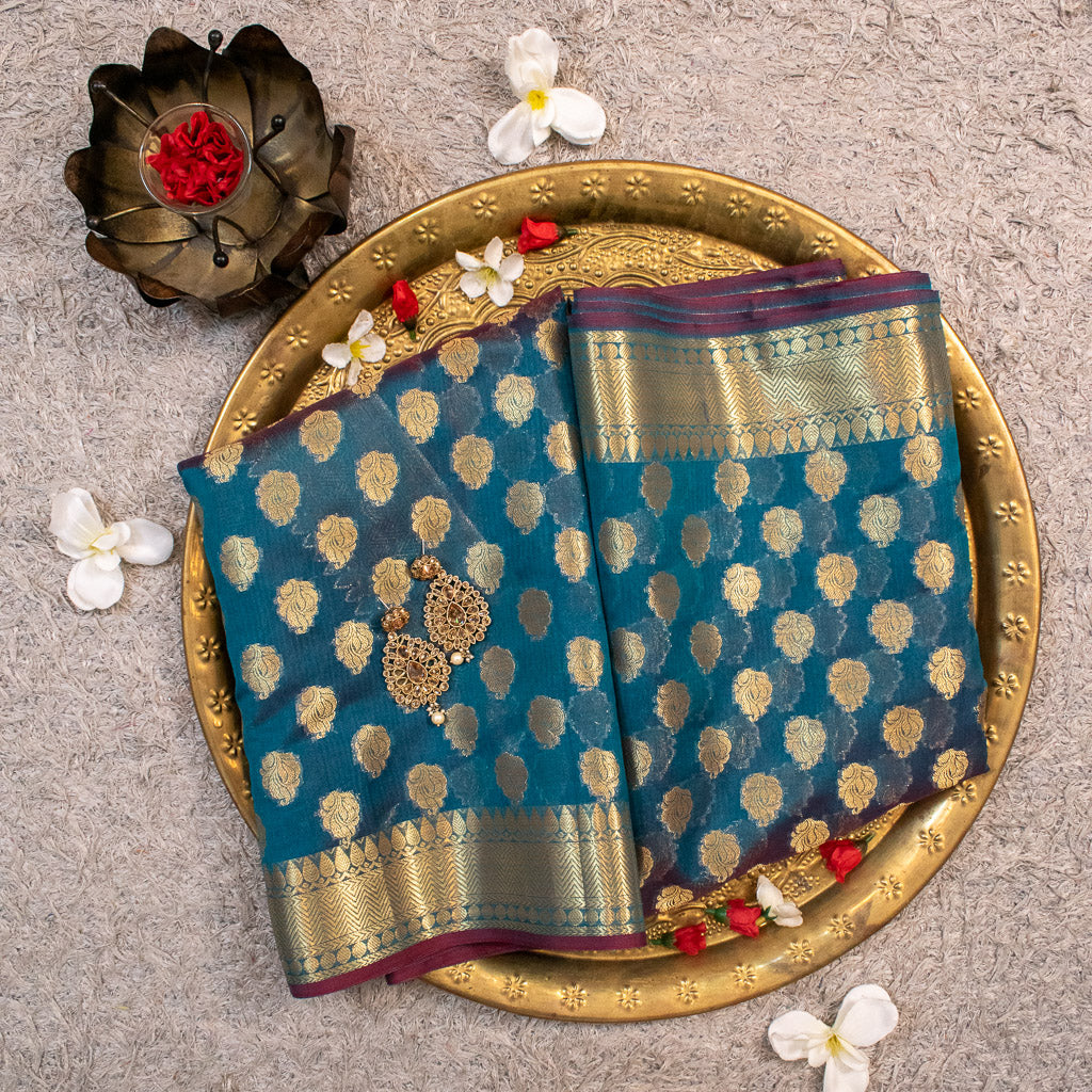 Banarasi Semi Silk Saree With Zari Buti Weaving-Metallic Blue