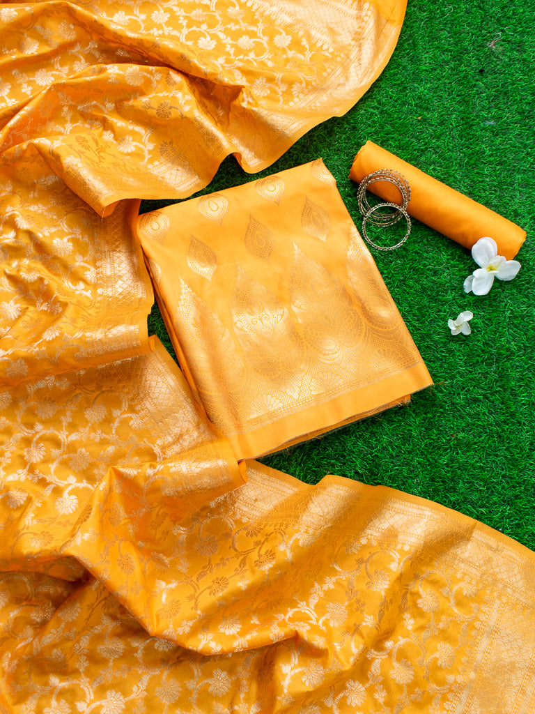 Banarasi Semi Silk Salwar Kameez Fabric With Jaal Dupatta-Yellow