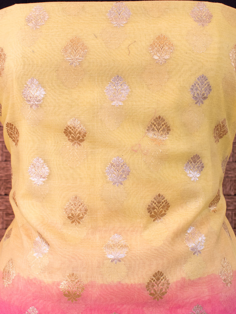 Banarasi Organza Silk Dual Shade Salwar Kameez Material With Silver Zari Weaving-Yellow & Pink