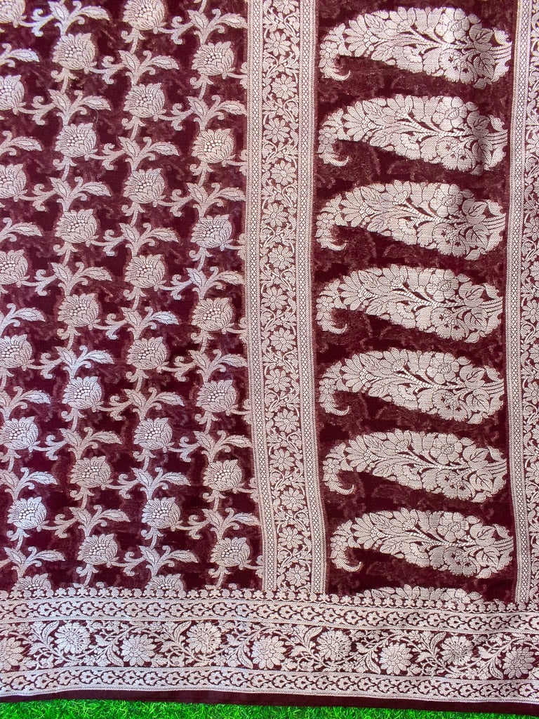 Banarasi Kora Saree With Silver Jaal Zari Weaving-Wine