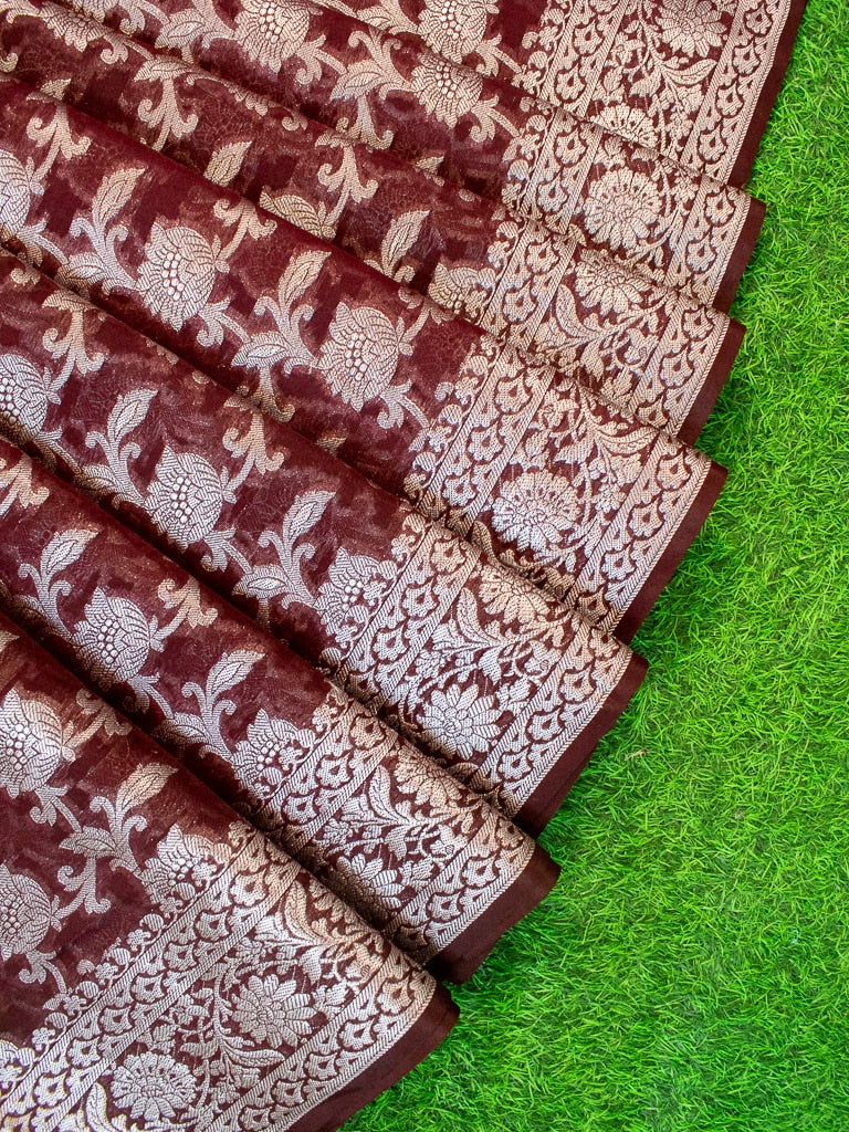 Banarasi Kora Saree With Silver Jaal Zari Weaving-Wine