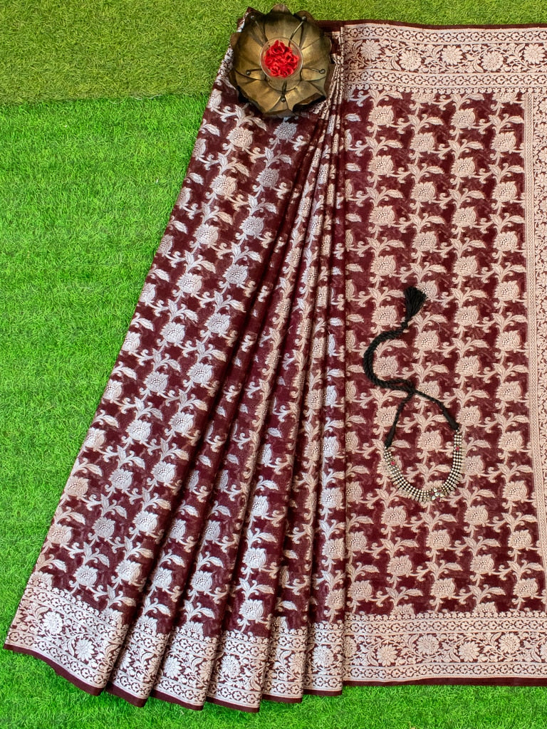 Banarasi Kora Saree With Silver Jaal Zari Weaving-Wine