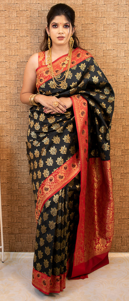 Banarasi Art Silk Saree With Contrast Meena Border-Black & Red